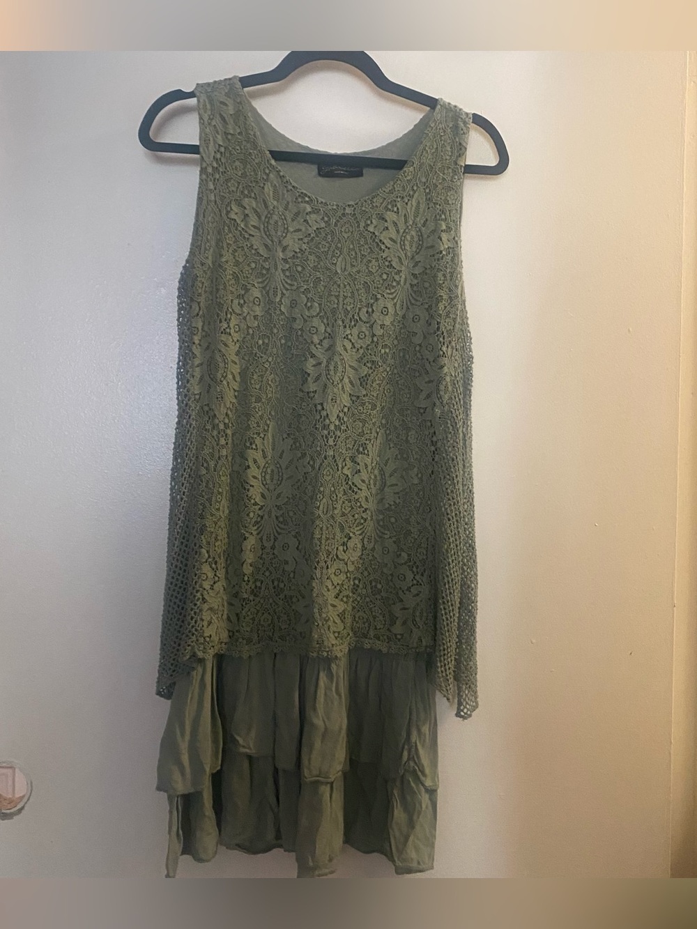 Gabriella Italy Womens L Large 42” Mini Tank Dress Lace Net Olive Green Layered